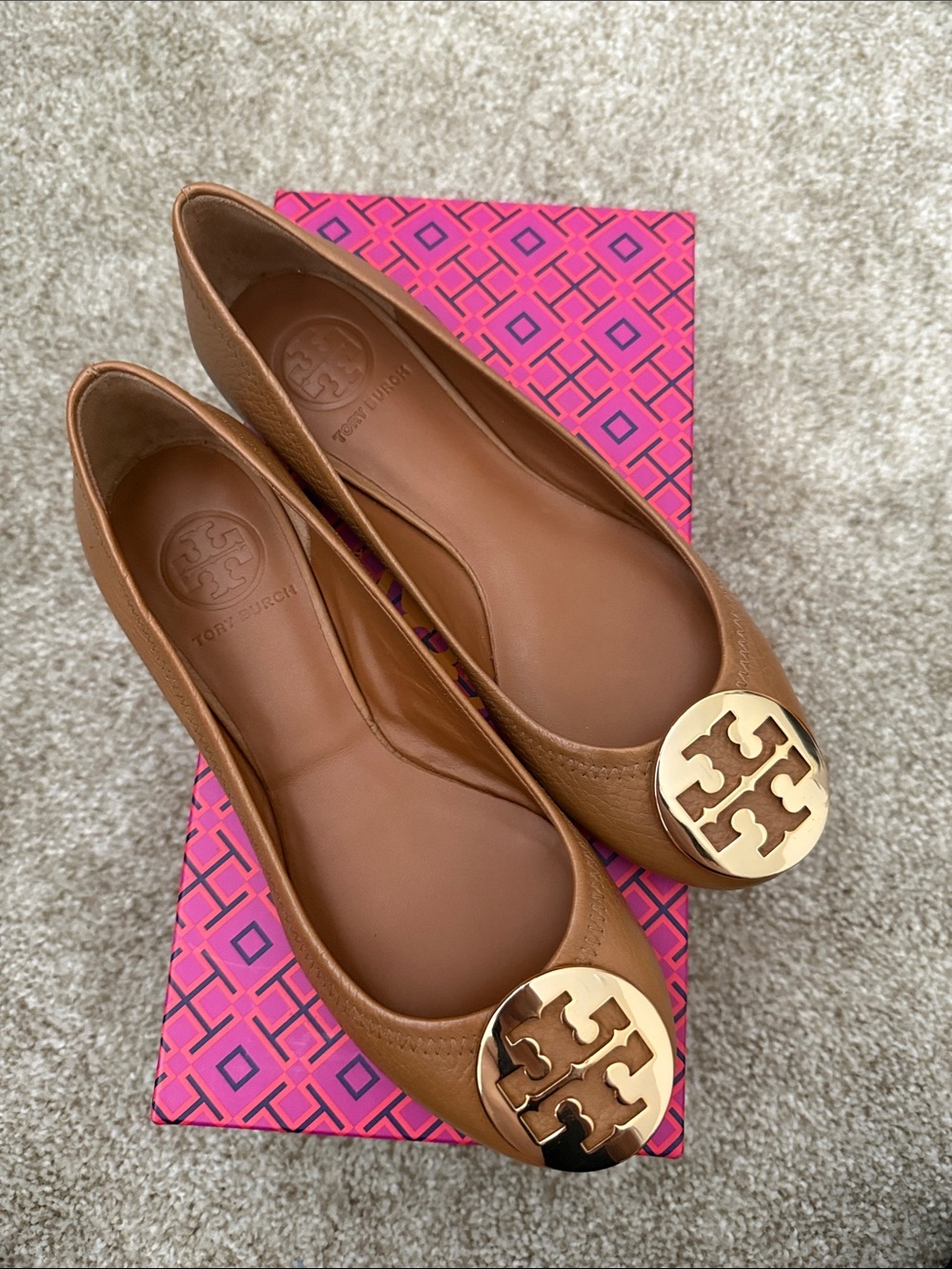 Tory Burch Chestnut Leather Flats with Gold Logo Medallion